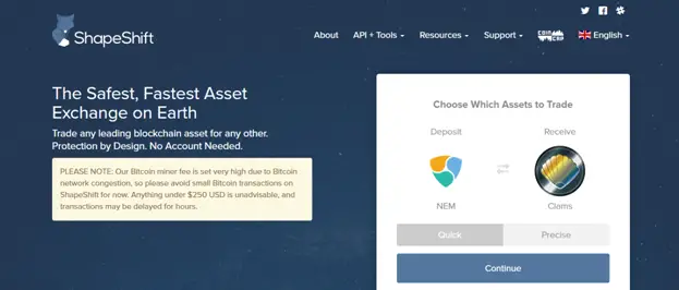 Shapeshift exchange