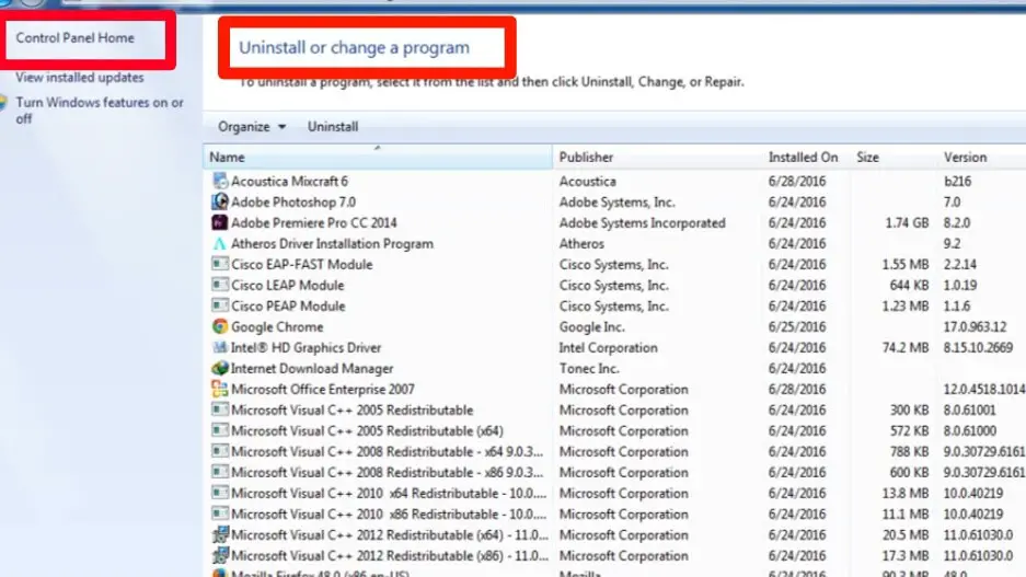 UnInstall or change a programme